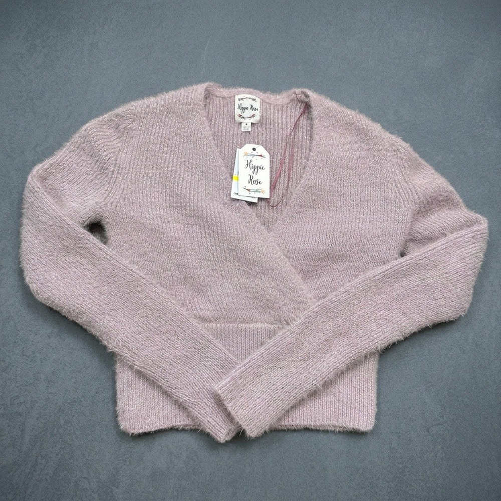 Hippie Rose Women's Juniors V Neck Pink Sweater Cropped Size M, Silver Glitter